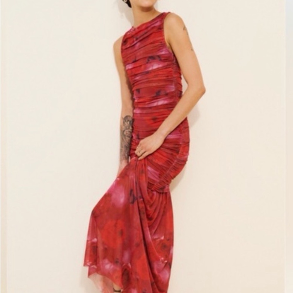 Elliatt Red Watercolor Ruched Maxi Dress